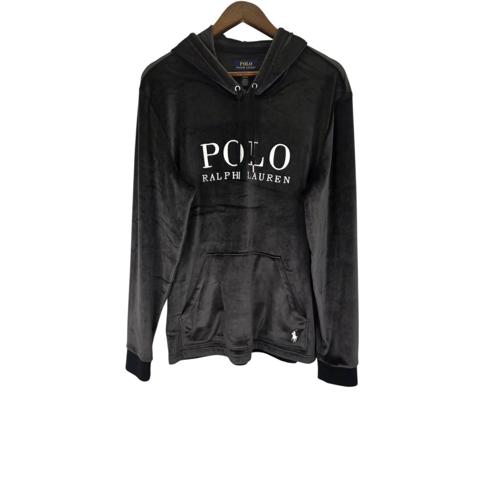 Polo Ralph Lauren Hoodie Mens M Black Velour Pajama Pullover Logo Classic Soft
